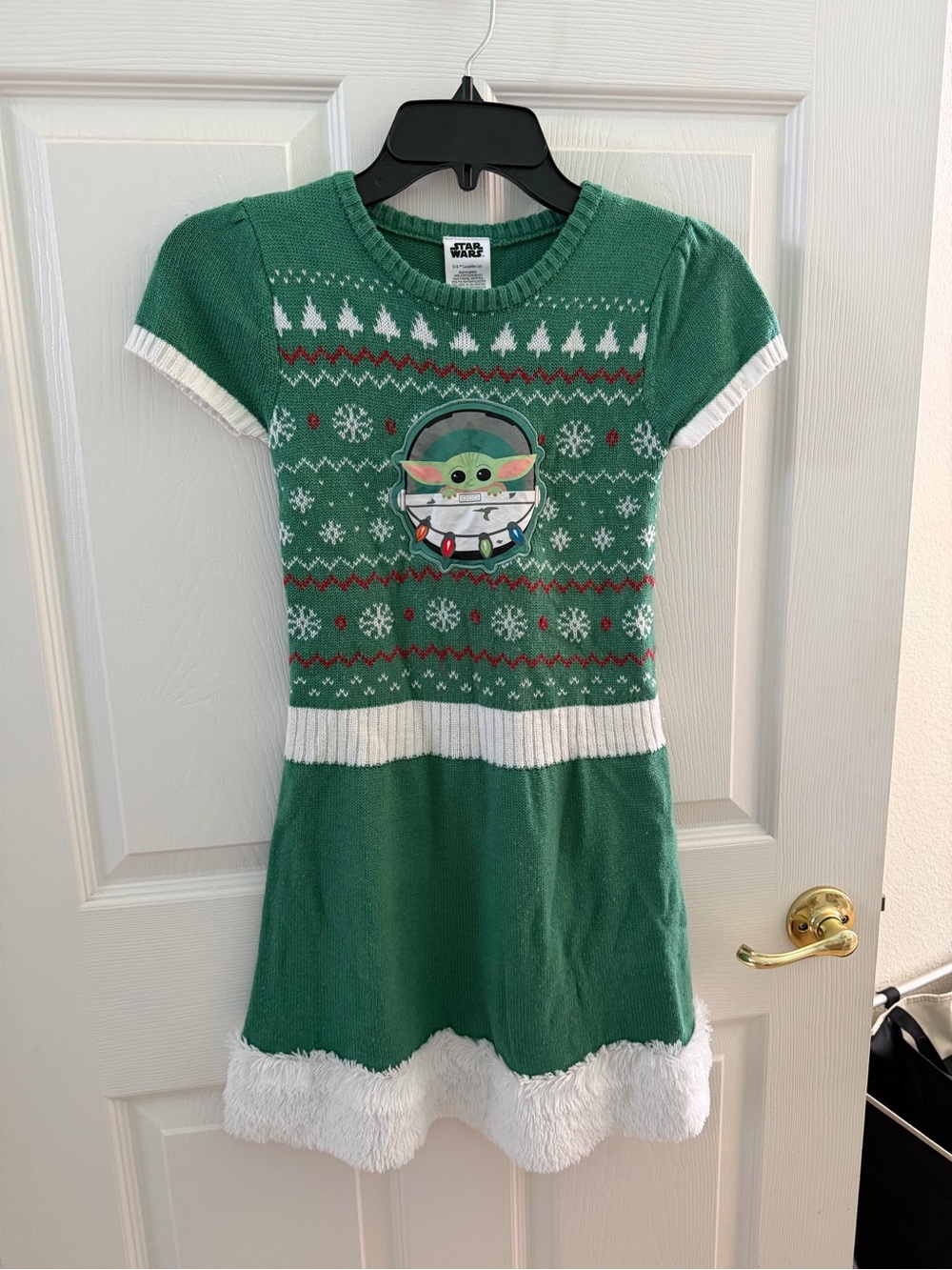 Star Wars Green Knit Grogu Holiday Dress with White Trim